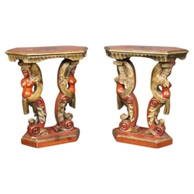 PAIR RED & GOLD GILT FIGURAL NUDE MAIDEN ITALIAN END TABLES