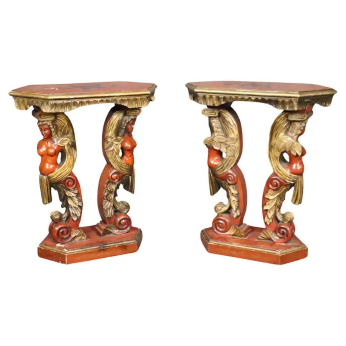 PAIR RED & GOLD GILT FIGURAL NUDE MAIDEN ITALIAN END TABLES: Walnut. Circa 1940. Red lacquer and gold leaf details. Figural. 27 1/2" h x 24 1/2" w x 12 1/2" d.