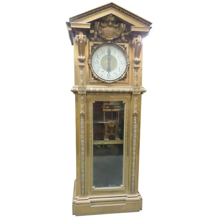 MONUMENTAL UNIQUE SINGER SEWING CO BRONZE MASTER CLOCK: Built by Magenta Master Clock Co. Switzerland for the Singer Sewing Machine Company building in New York City. Bronze frame. 100" h x 35" w x 18" d.