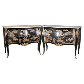 PAIR COROMANDEL CARVED LOUIS XV STYLE COMMODES