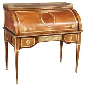 DORE BRONZE MOUNTED PUTTI WALNUT CYLINDER WRITING DESK WITH LEATHER