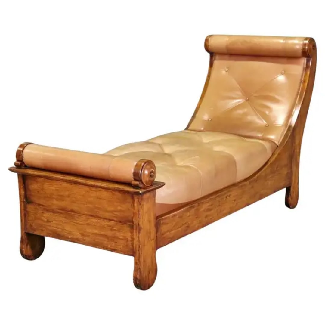 LOUIS PHILLIPE STYLE WALNUT LEATHER CHAISE: Leather upholstery. Walnut frame. 40 1/2" h x 72 1/2" w x 30" d. Seat height 19".