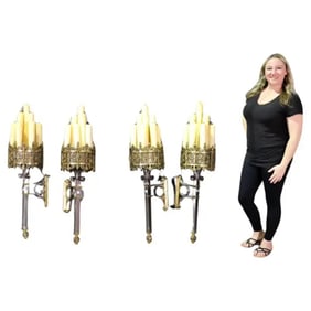 4 MONUMENTAL BRASS BRONZE & STEEL GOTHIC SCONCES