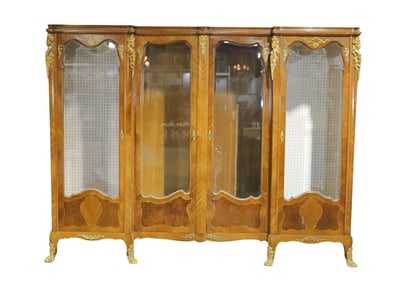 LOUIS XV STYLE MARQUETRY & INLAID GILT BRONZE LIBRARY BOOKCASE