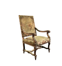 LOUIS XIV STYLE PARCEL PAINT DECORATED NEEDLEPOINT FAUTEUIL