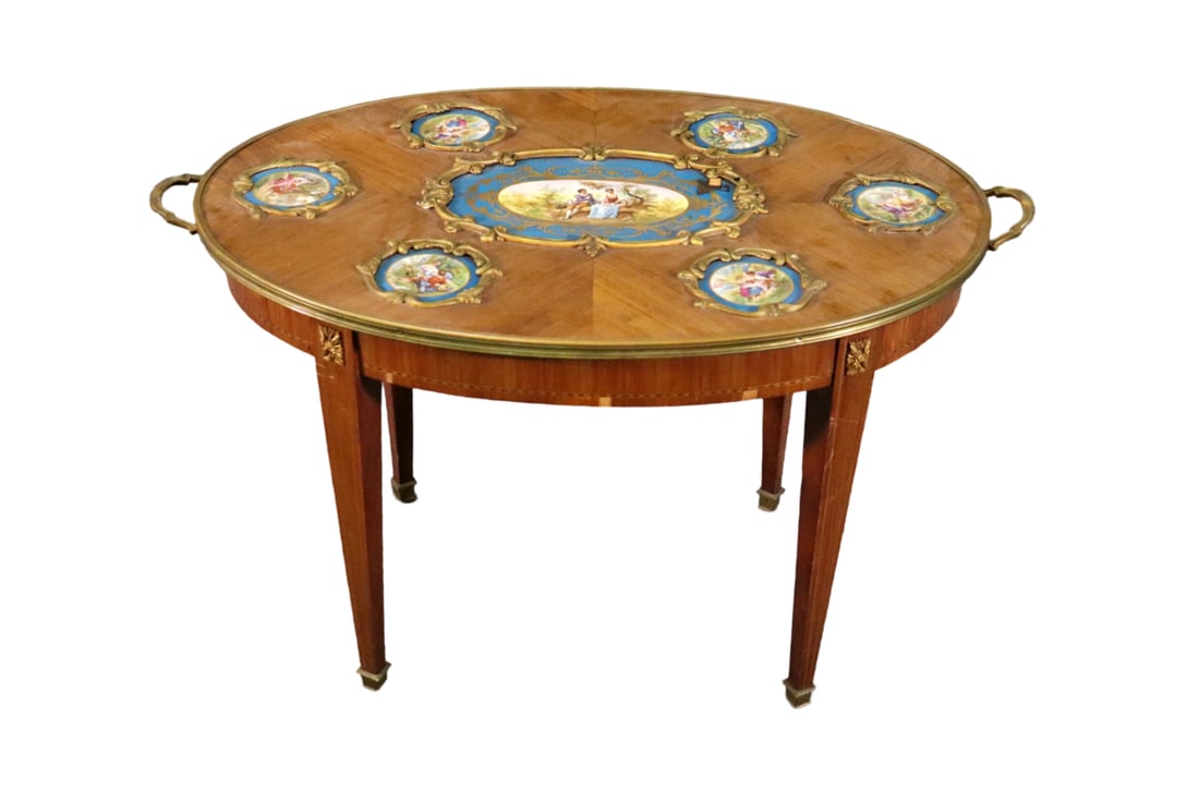 FRENCH INLAID MARQUETRY ACCENT TABLE WITH PORCELAIN INSERTS (1 of 17)