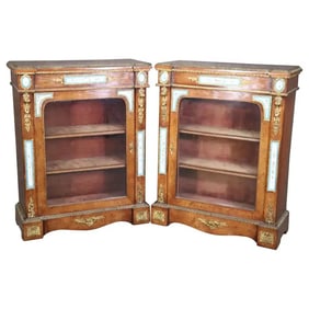 PAIR BURLED WALNUT PORCELAIN PLAQUE & BRONZE ORMOLU CABINETS
