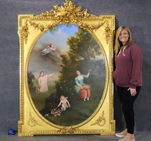 SIGNED EMMA LENOIR 19TH C ALLEGORICAL PAINTING "BURNING THE LOVE LETTERS"