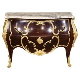 LOUIS XV STYLE ANTIQUE BRONZE MOUNTED MARBLE TOP COMMODE