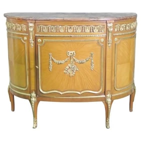 LOUIS XV STYLE MARBLE TOP SATINWOOD BRONZE MOUNTED COMMODE