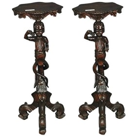 PAIR ITALIAN RENAISSANCE WALNUT FIGURAL PEDESTALS