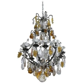 LOUIS XV STYLE BRONZE BIRD CAGE CHANDELIER WITH CRYSTAL PRISMS PEARS APPLES GRAPES