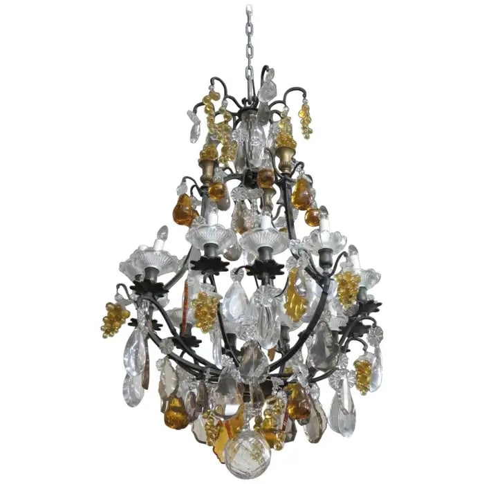 LOUIS XV STYLE BRONZE BIRD CAGE CHANDELIER WITH CRYSTAL PRISMS PEARS APPLES GRAPES (1 of 7)