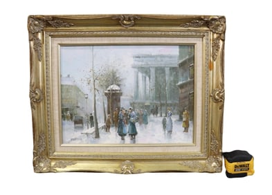 SIGNED MARTIN WINTER STREET SCENE OIL PAINTING