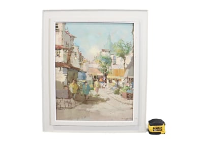 SIGNED P. ROMIER STREET SCENE WITH FIGURES PAINTING