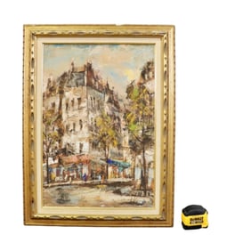 SIGNED AKIHIKO KATO STREET SCENE OIL PAINTING WITH FIGURES