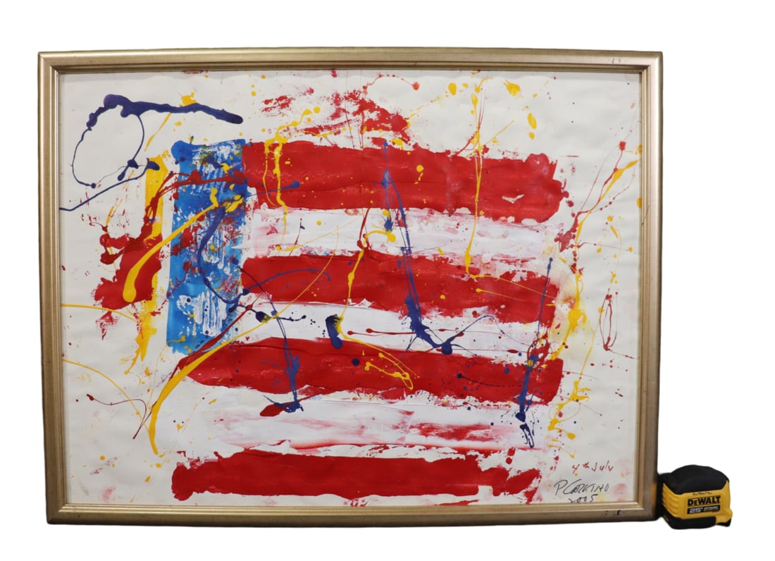 SIGNED PAOLO CORVINO FLAG PAINTING: Signed Paolo Corvino 2005 4th July lower right. Framed measures 24 3/8" h x 31 7/8" w x 1" d. Painting measures 22 1/2" h x 30 1/8" w.
