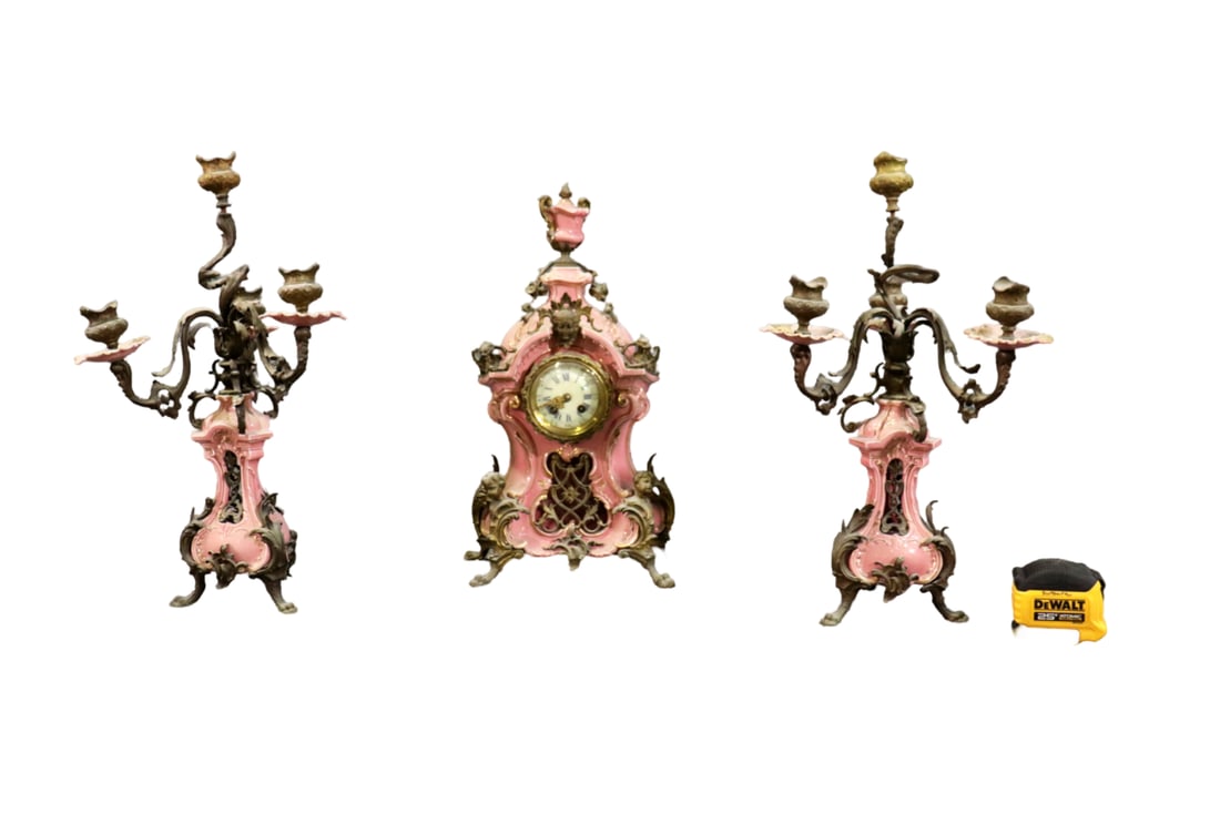 3 PIECE PORCELAIN & BRONZE FRENCH CLOCK SET (1 of 19)