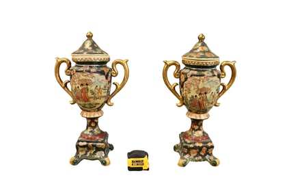 PAIR ASIAN URNS WITH LIDS