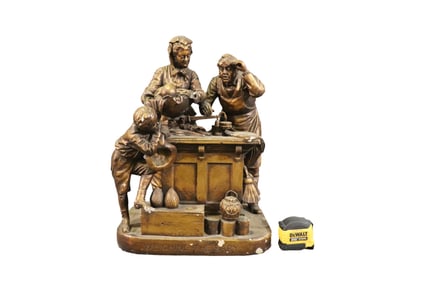 SIGNED J M N ROGERS PLASTER PARIS SCULPTURE "WEIGHING THE BABY"