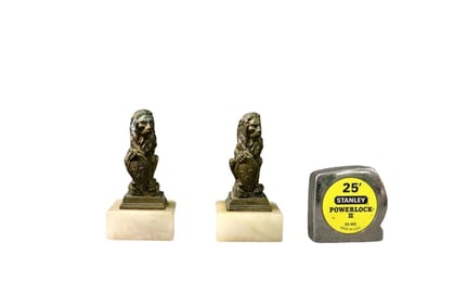 PAIR SMALL BRONZE & MARBLE LION FIGURAL BOOKENDS