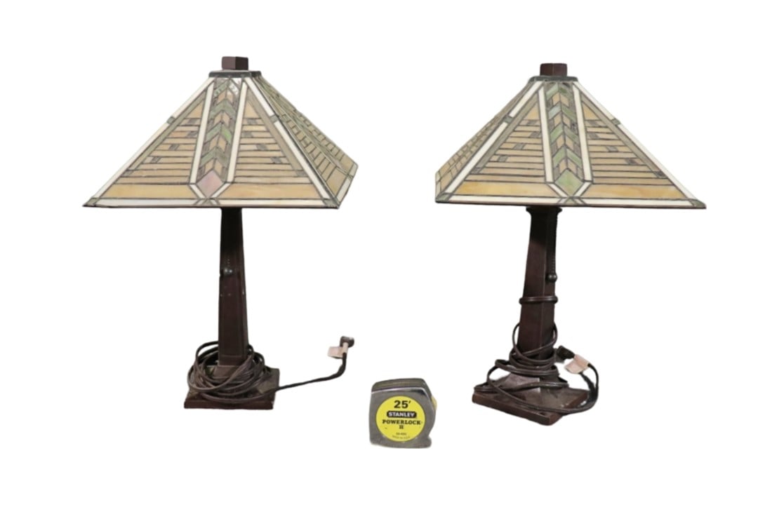 PAIR FRANK LLOYD WRIGHT STYLE BRONZE TABLE LAMPS (1 of 10)