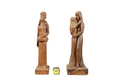 2 KAHAN WOOD SCULPTURES MAIDEN & DAUGHTER PAPA & SON
