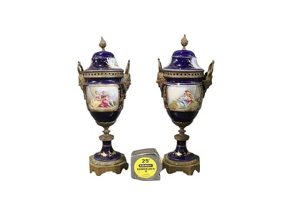 PAIR SEVRES FRENCH BLUE URNS WITH LIDS