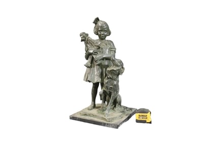 DERUJINSKY BRONZE SCULPTURE GIRL WITH DOG & DOLL