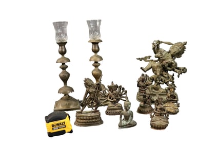 7 BRONZE VISHNU FIGURES  & 2 BRASS CANDLESTICKS