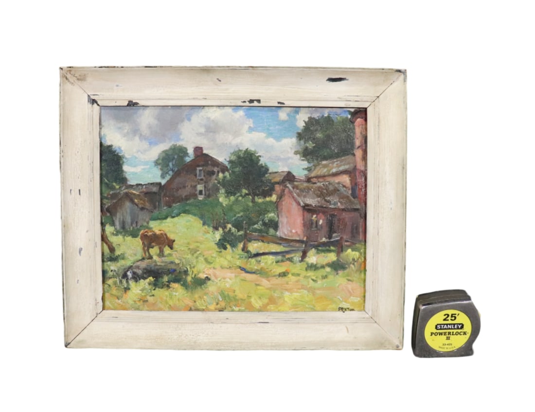 SIGNED SEXTON IMPRESSIONIST PAINTING WITH COW: Signed Sexton lower right. Framed measures 14" h x 17" w x 7/8" d. Painting measures 10 3/8" h x 13 5/8" w.