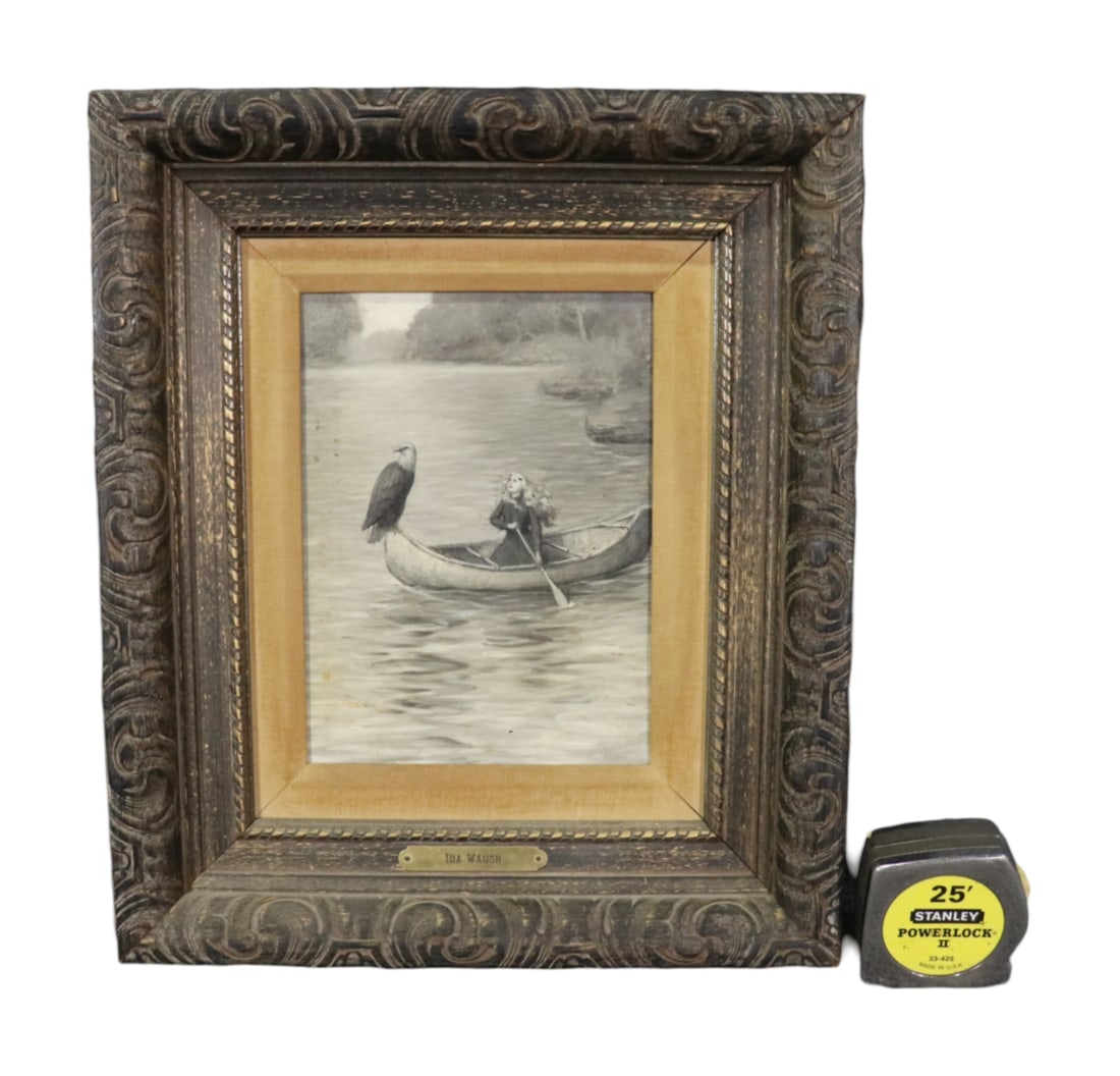 SIGNED IDA WAUGH BLACK & WHITE CANOE PAINTING (1 of 7)