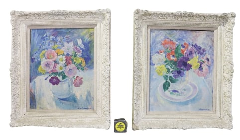 PAIR SIGNED WILLIAM MALHERBE STILL LIFE OIL PAINTINGS FLOWERS