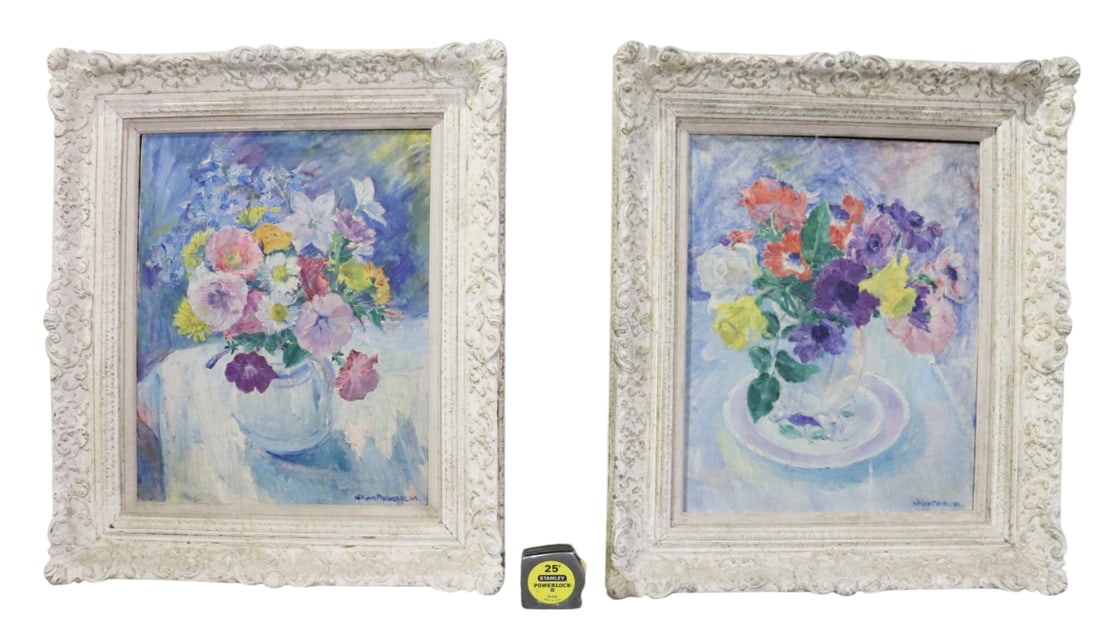 PAIR SIGNED WILLIAM MALHERBE STILL LIFE OIL PAINTINGS FLOWERS (1 of 11)