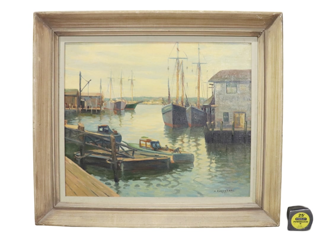 SIGNED A. ROSENTHAL HARBOR SCENE OIL PAINTING (1 of 9)