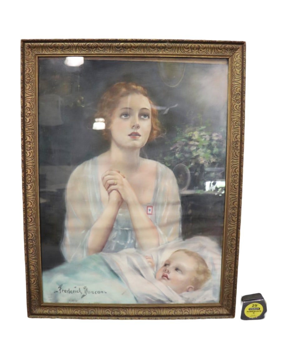SIGNED FREDERICK DUNCAN MAIDEN WITH AUBURN HAIR WITH BABY: Signed Frederick Duncan lower left. Framed measures 33" h x 25 5/8" w x 3/4" d. Picture measures 29 1/2" h x 22" w.