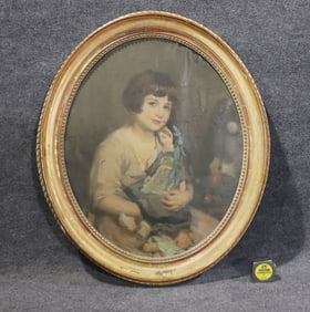 SIGNED CYPRIEN EUGENE BOULET OVAL OIL PAINTING YOUNG GIRL WITH DOLL