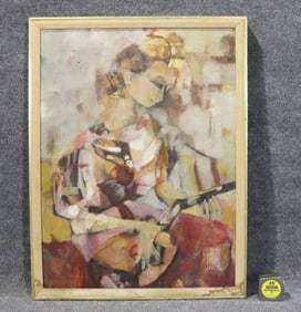 OIL PAINTING ART DECO WOMAN WITH LUTE