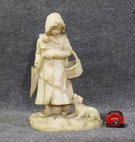 MARBLE STATUE GIRL CARRYING BASKET & UMBRELLA WITH DOG