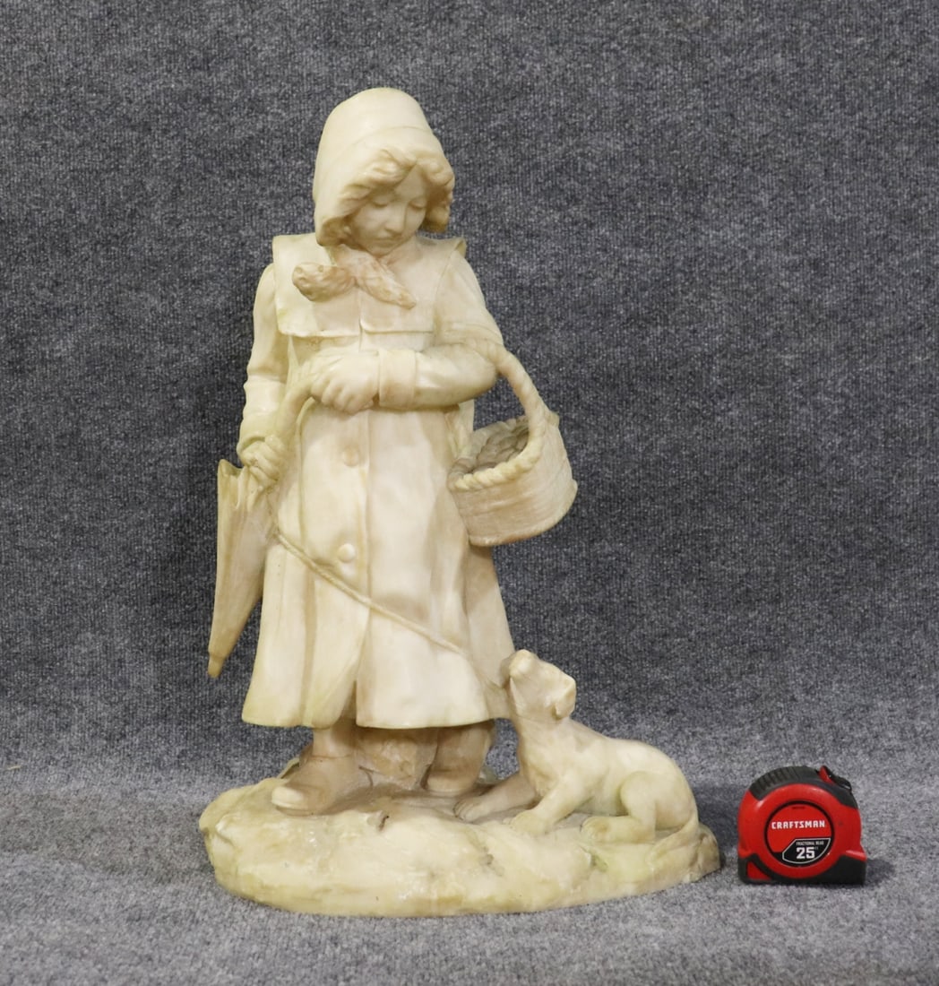 MARBLE STATUE GIRL CARRYING BASKET & UMBRELLA WITH DOG (1 of 8)