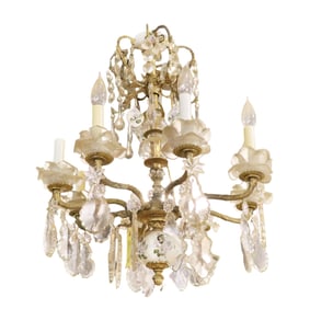 EARLY 20TH C BRONZE & GLASS 8 ARM CHANDELIER