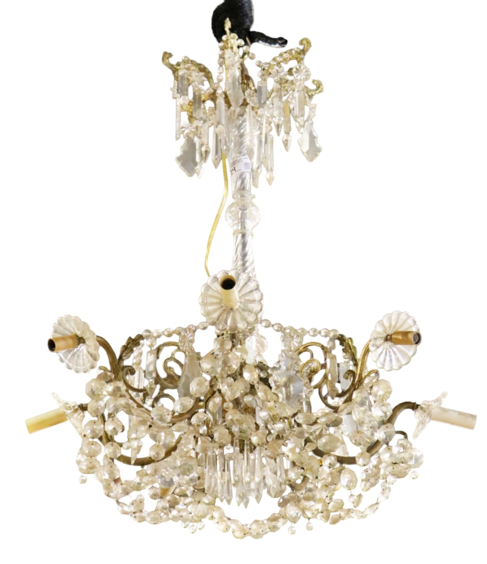 BRONZE BEADED 7 LIGHT CRYSTAL CHANDELIER: Bronze. Glass prisms. 7 arms. 29 1/2" h x 26" diameter.