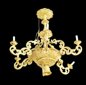 GILT WOOD 6 ARM CHANDELIER