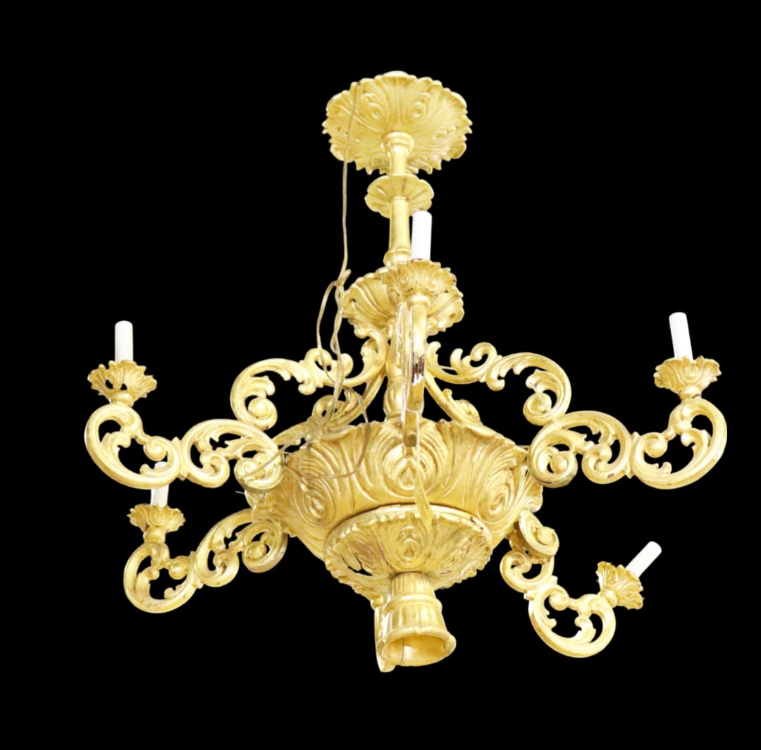GILT WOOD 6 ARM CHANDELIER (1 of 10)