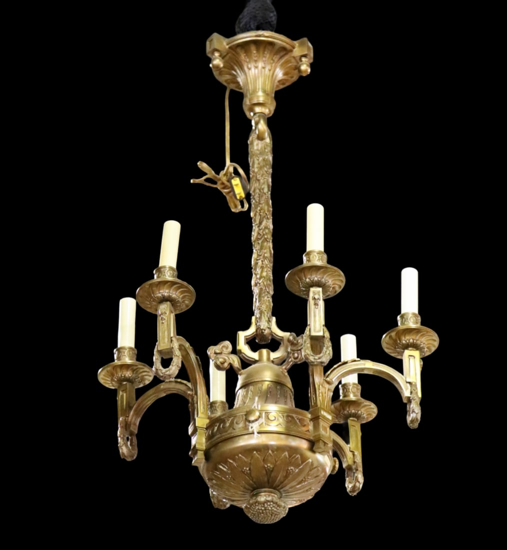 FRENCH BRONZE 6 ARM CHANDELIER: Bronze. 6 arms. 30" h x 18 1/2" diameter.