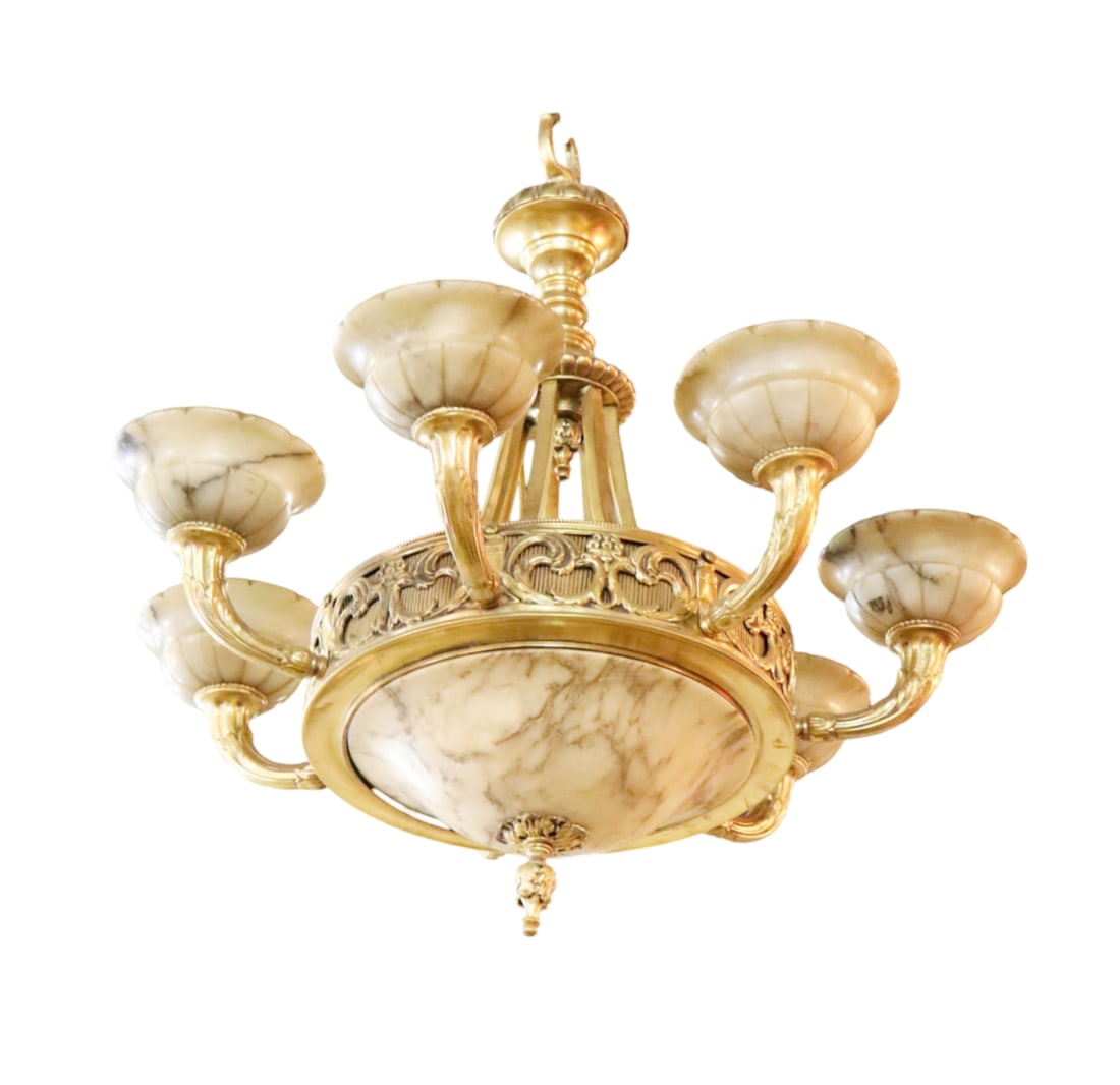 FRENCH BRONZE & MARBLE 7 ARM CHANDELIER: Bronze. Marble shades. 7 arms. 21 1/2" h x 28" diameter.