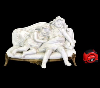 SIGNED A. ROUSAUD BISQUE & BRONZE SCULPTURE 2 CHILDREN  ON SOFA