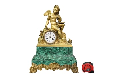 FRENCH BRONZE & MALACHITE MANTLE CLOCK BY TIFFANY PARIS
