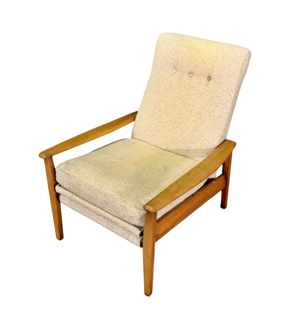 MID CENTURY MODERN WALNUT RECLINER: Walnut. Upholstered back and seat cushion. 36 3/4" h x 27 5/8" w x 36" d. Seat height 19" .