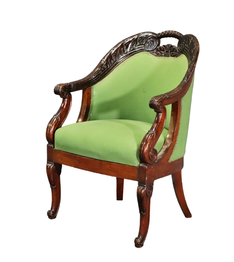 EMPIRE TUB CHAIR: Carved wood frame. Upholstered. 32 7/8" h x 21 3/4" w x 23 1/4" d. Seat height 18 1/4".